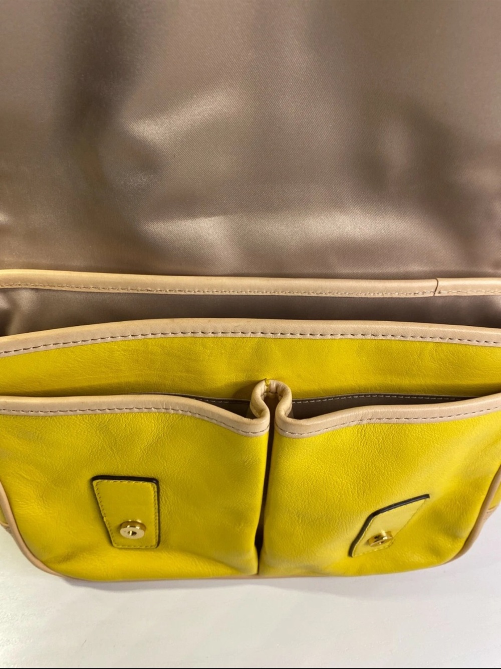 Coach Flap Messenger Bag Lemon Yellow/white Leather: Buckle Snap